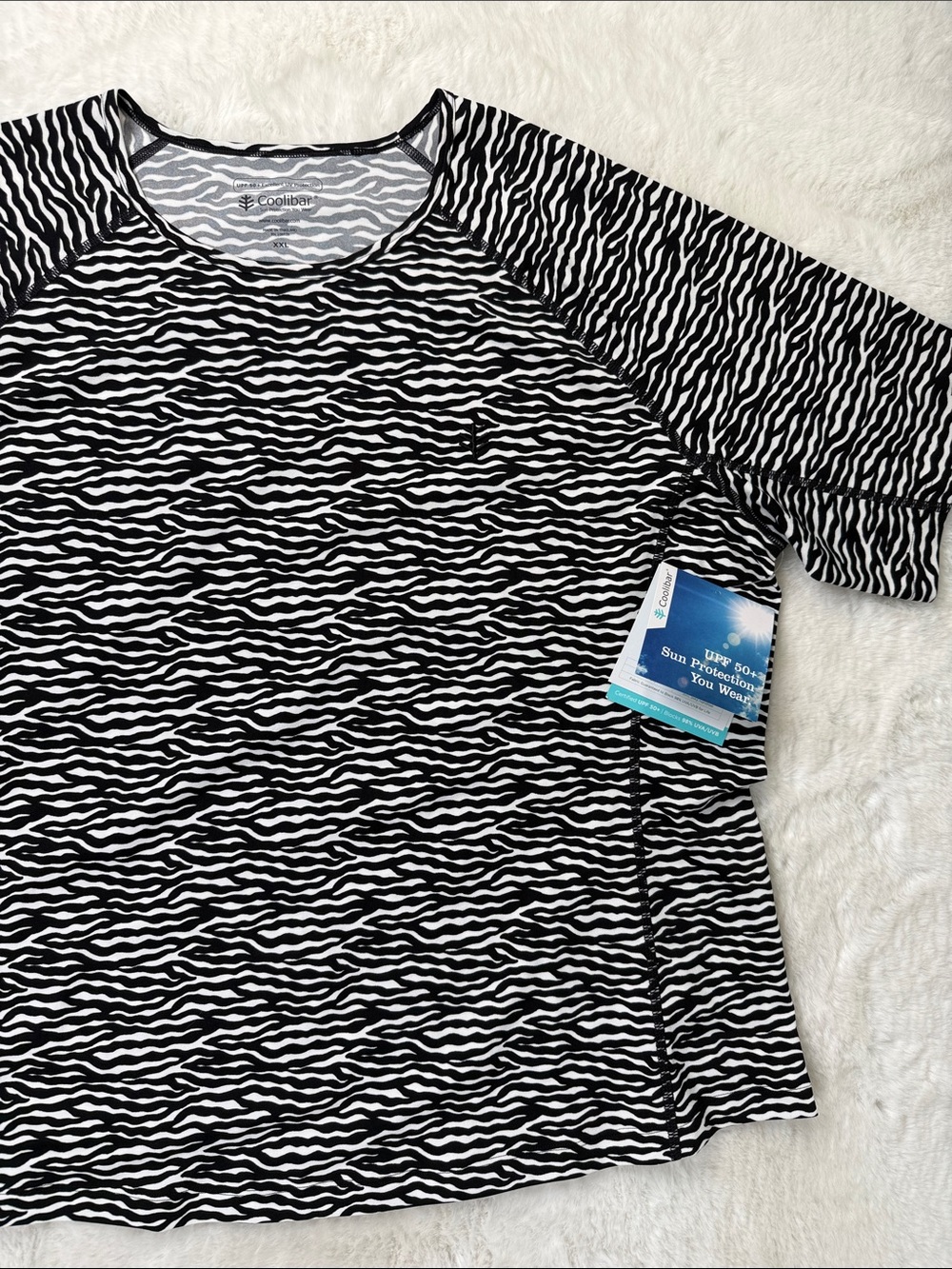 Coolibar UPF 50+ Hightide S/S Swim Shirt XXL 2XL Zebra Stripe Resort Beach NWT